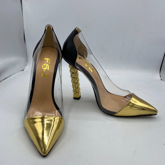 FSJGolden Block High Heels Clear Pumps Pointed Toe Dress Party Evening Shoes - Picture 4 of 11